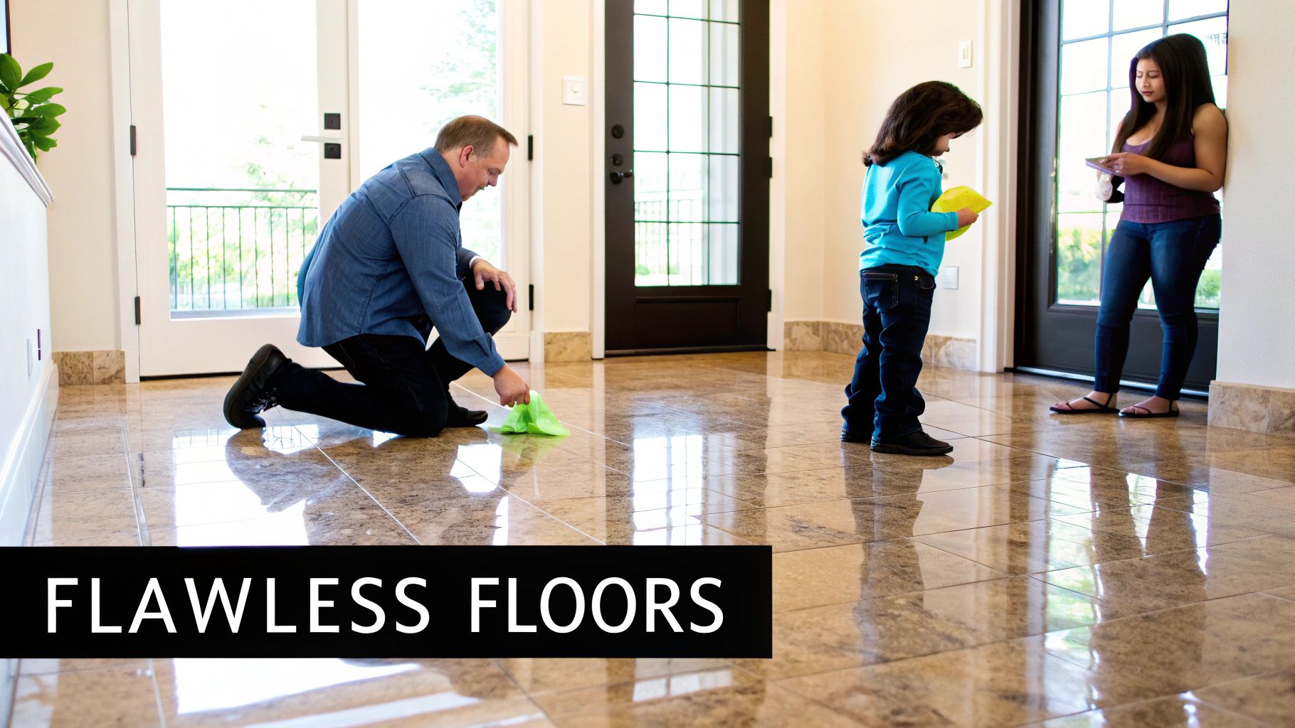 A man kneels, cleaning a shiny, tiled floor with a green cloth as family watches.