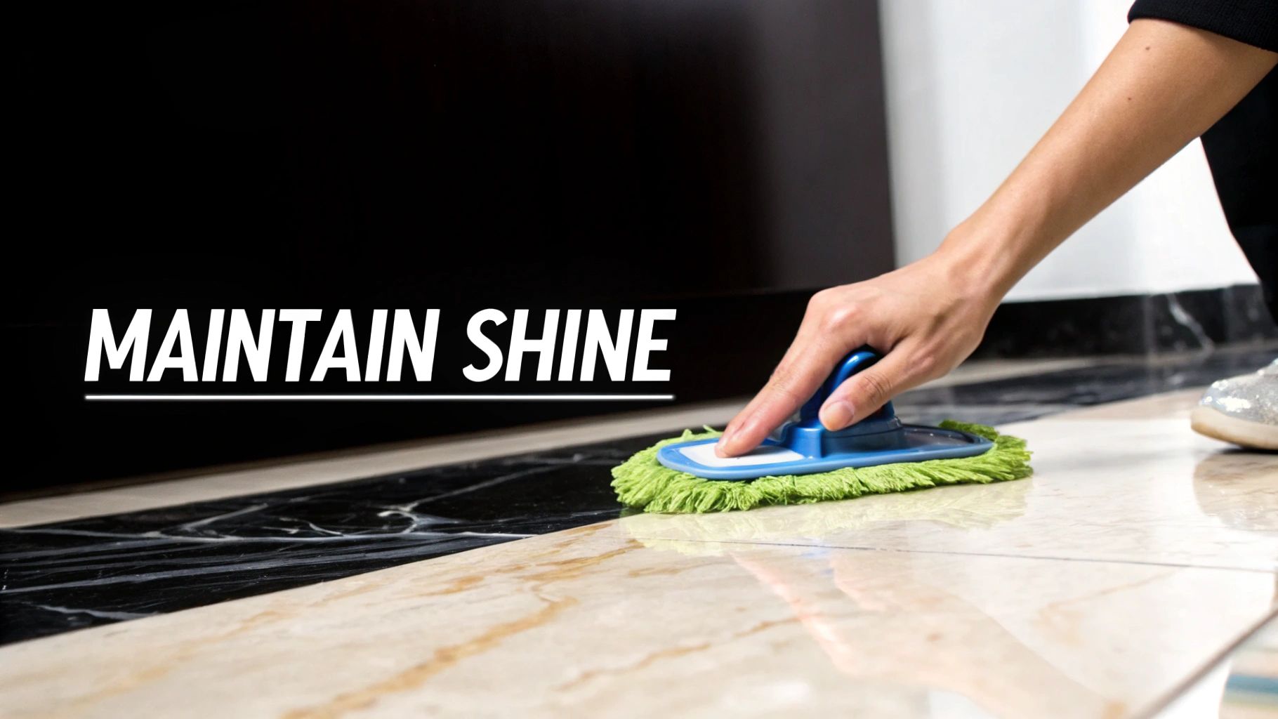 A person uses a green polishing pad to maintain the shine on a luxurious black and beige marble floor.