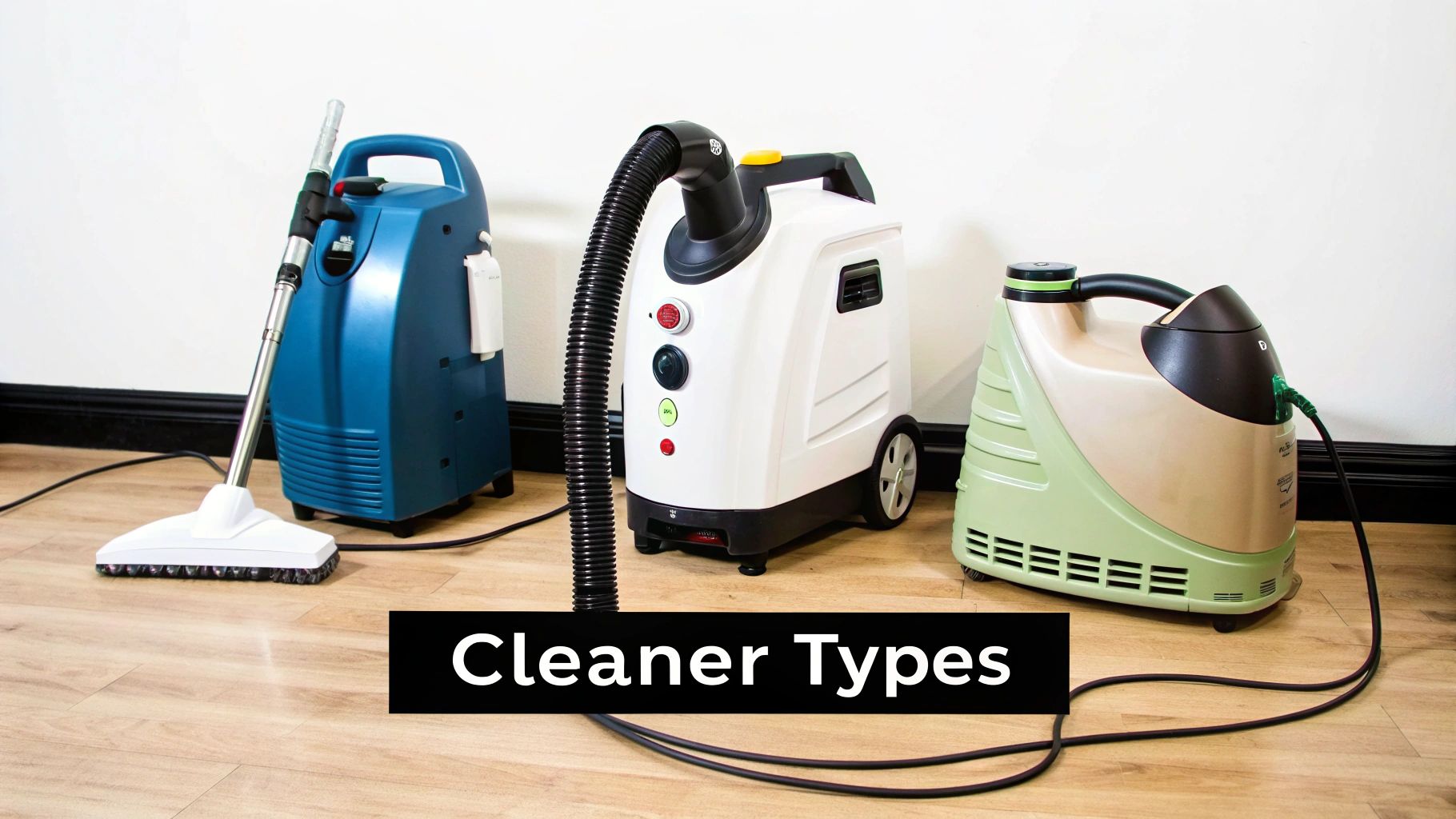 A woman is demonstrating the use of a portable spot cleaner on a light-colored armchair