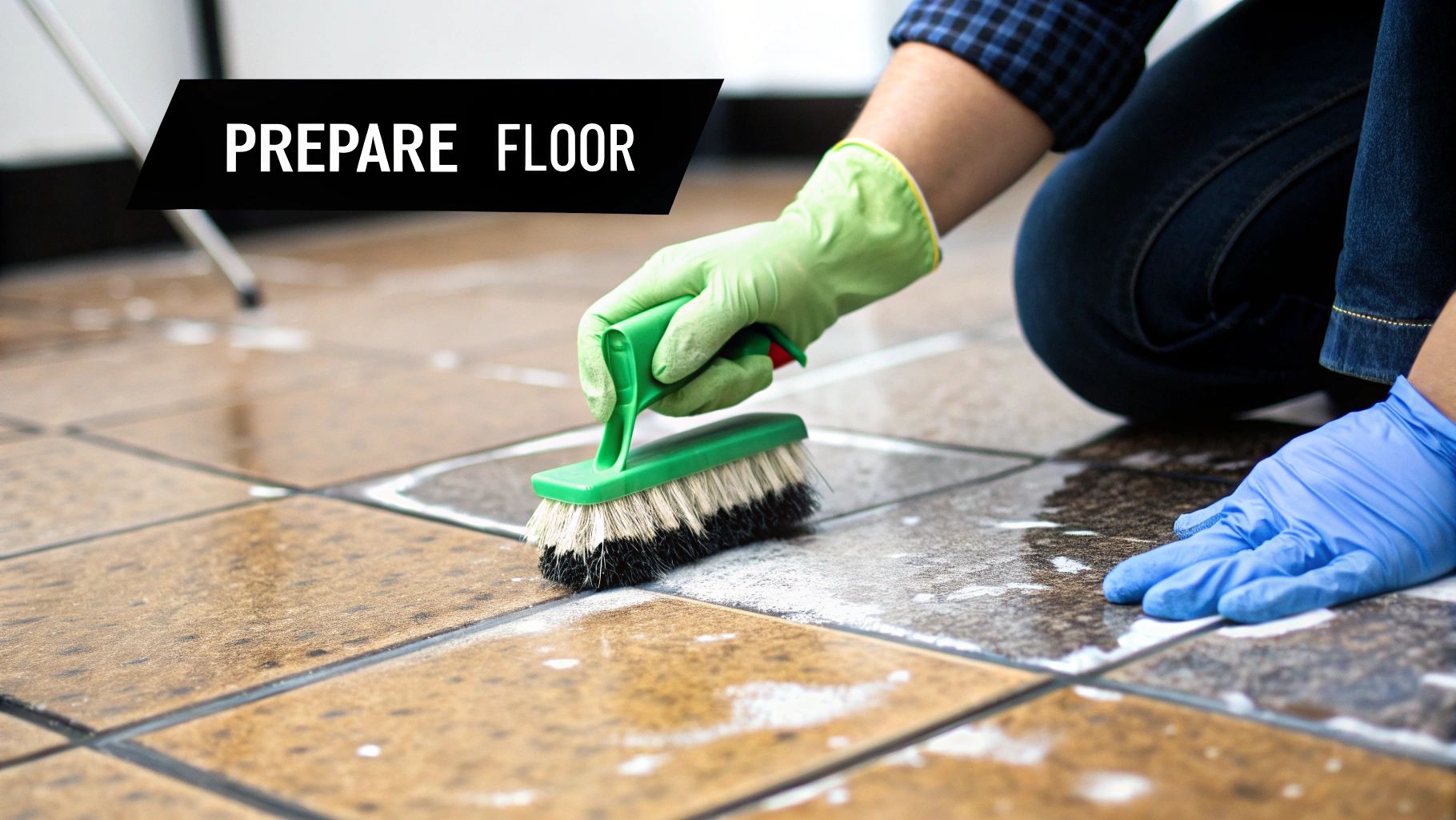 A person cleaning a tile floor on their hands and knees before installing new carpet.