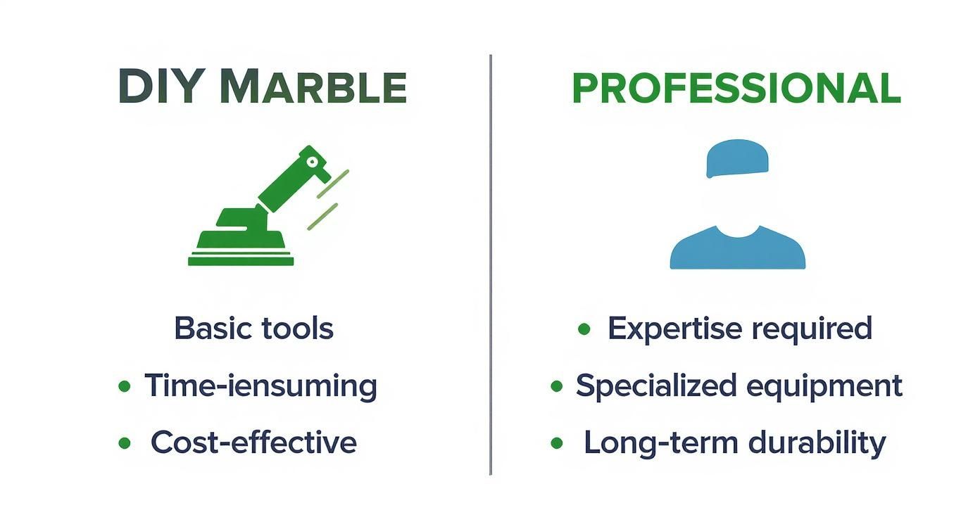 Comparison of DIY marble polishing using basic tools and professional marble polishing requiring expertise and specialized equipment.