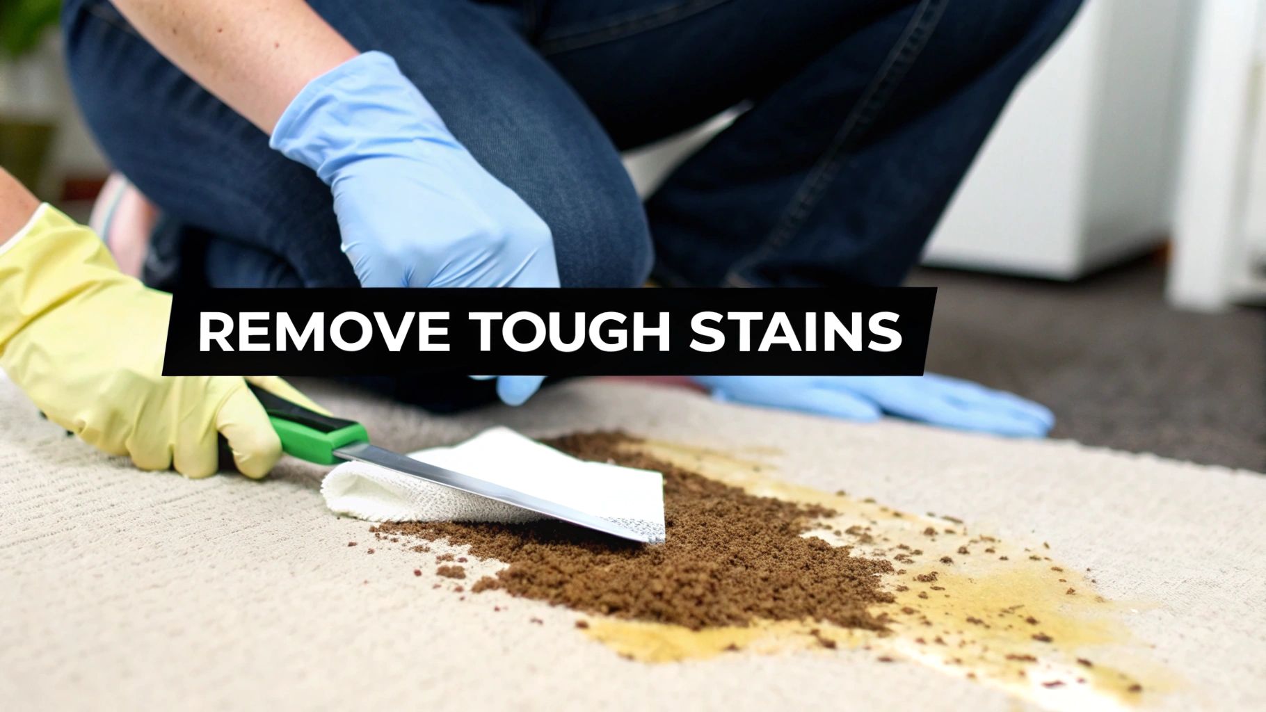 A person gently working on a dark coffee stain on a beige carpet with a beige carpet with a cleaning cloth.