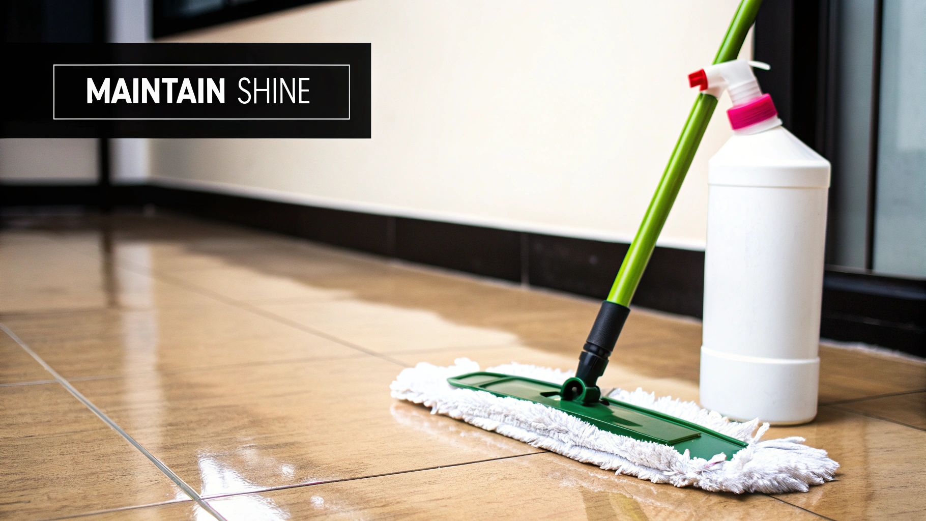 A green mop and white cleaning bottle on a wet, shiny tiled floor, emphasizing 'MAINTAIN SHINE'.