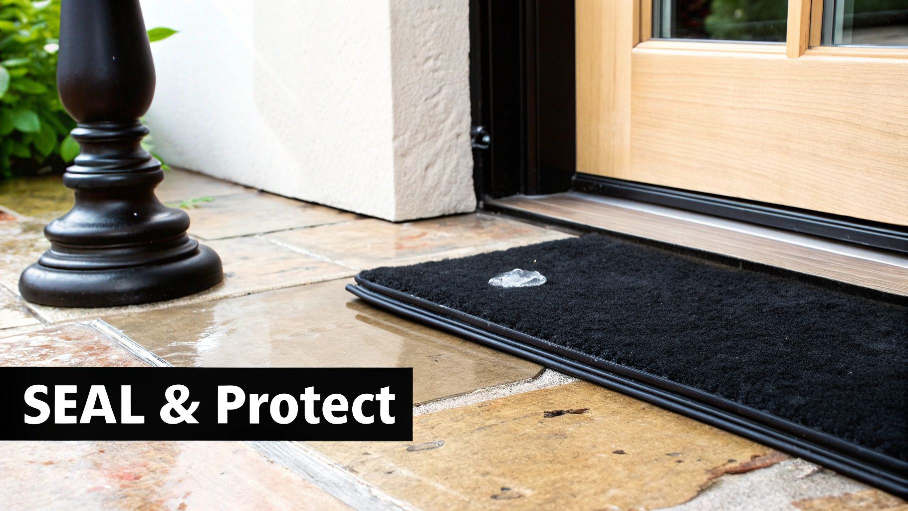 A person applying felt pads to the bottom of a wooden chair leg to protect a limestone floor.