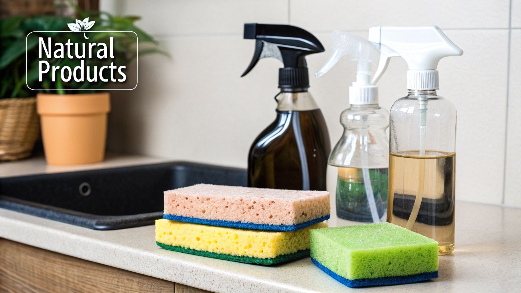 A person's hands in yellow gloves using a cloth to wipe down a white countertop in a bright kitchen.