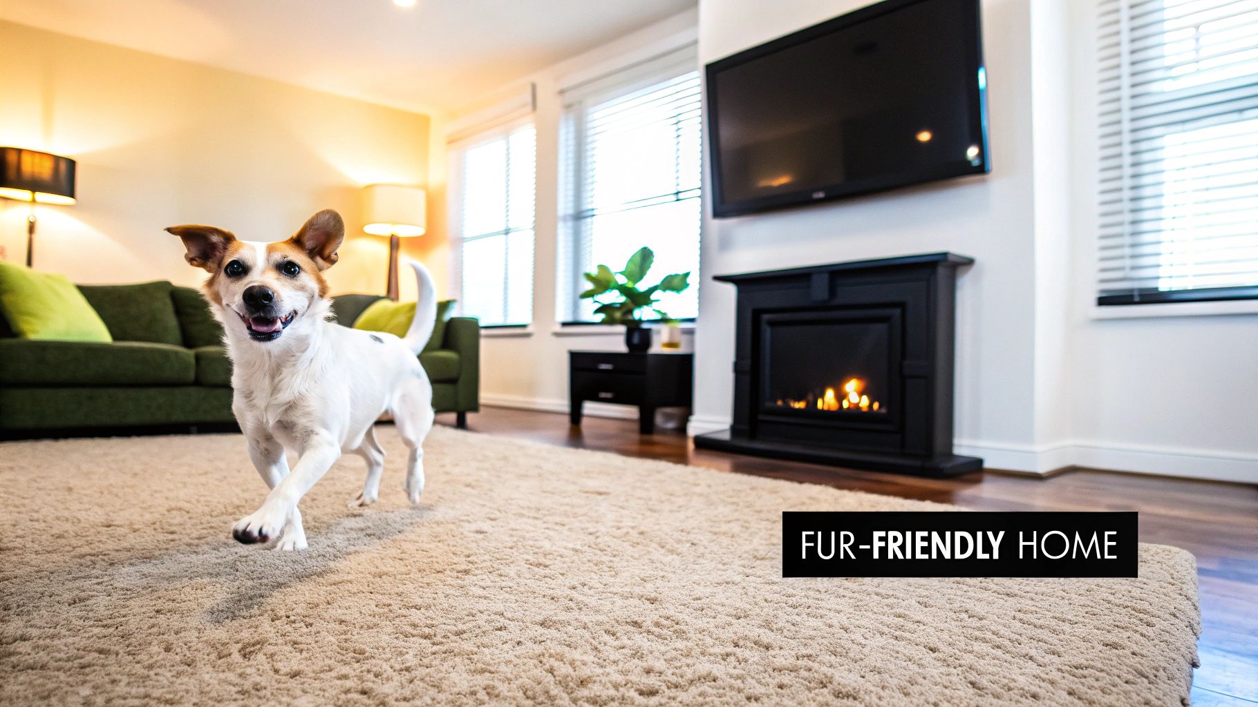 Golden retriever puppy sitting on a clean, light-colored carpet in a bright living room.