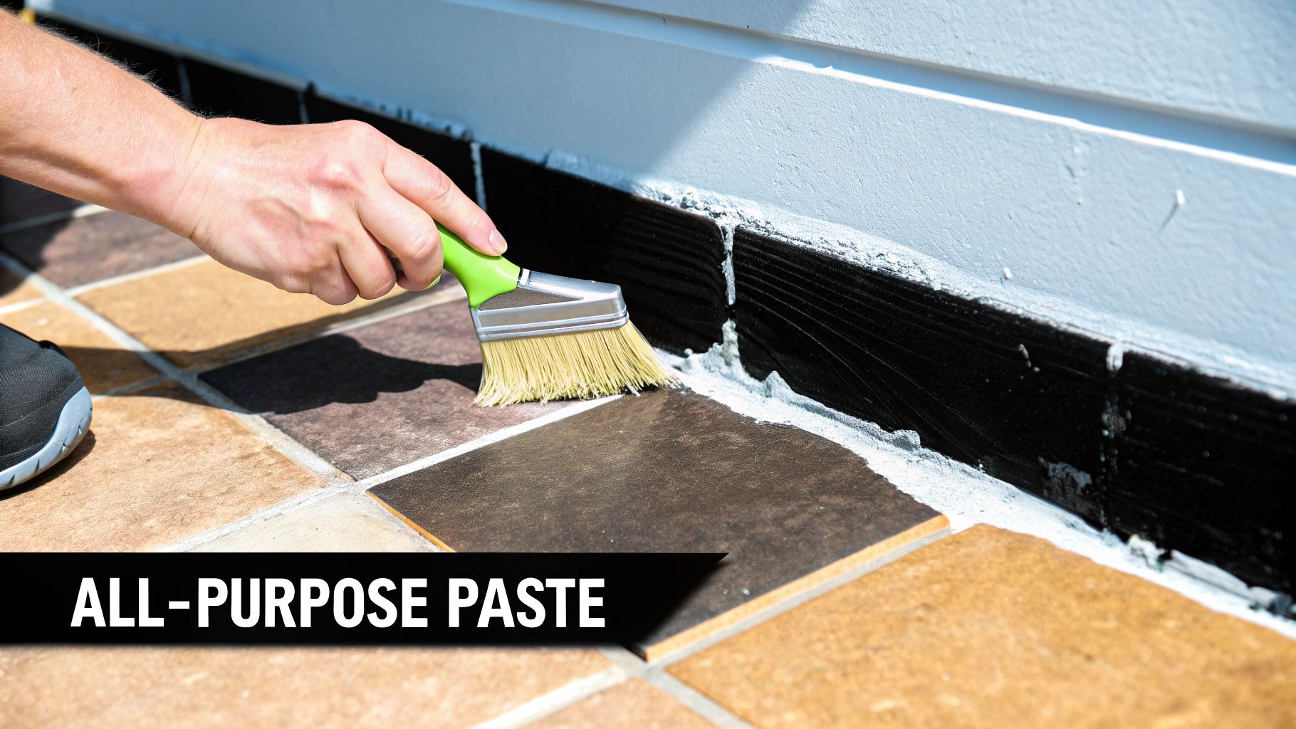 A thick, white cleaning paste made from baking soda and vinegar in a small bowl with a spoon.