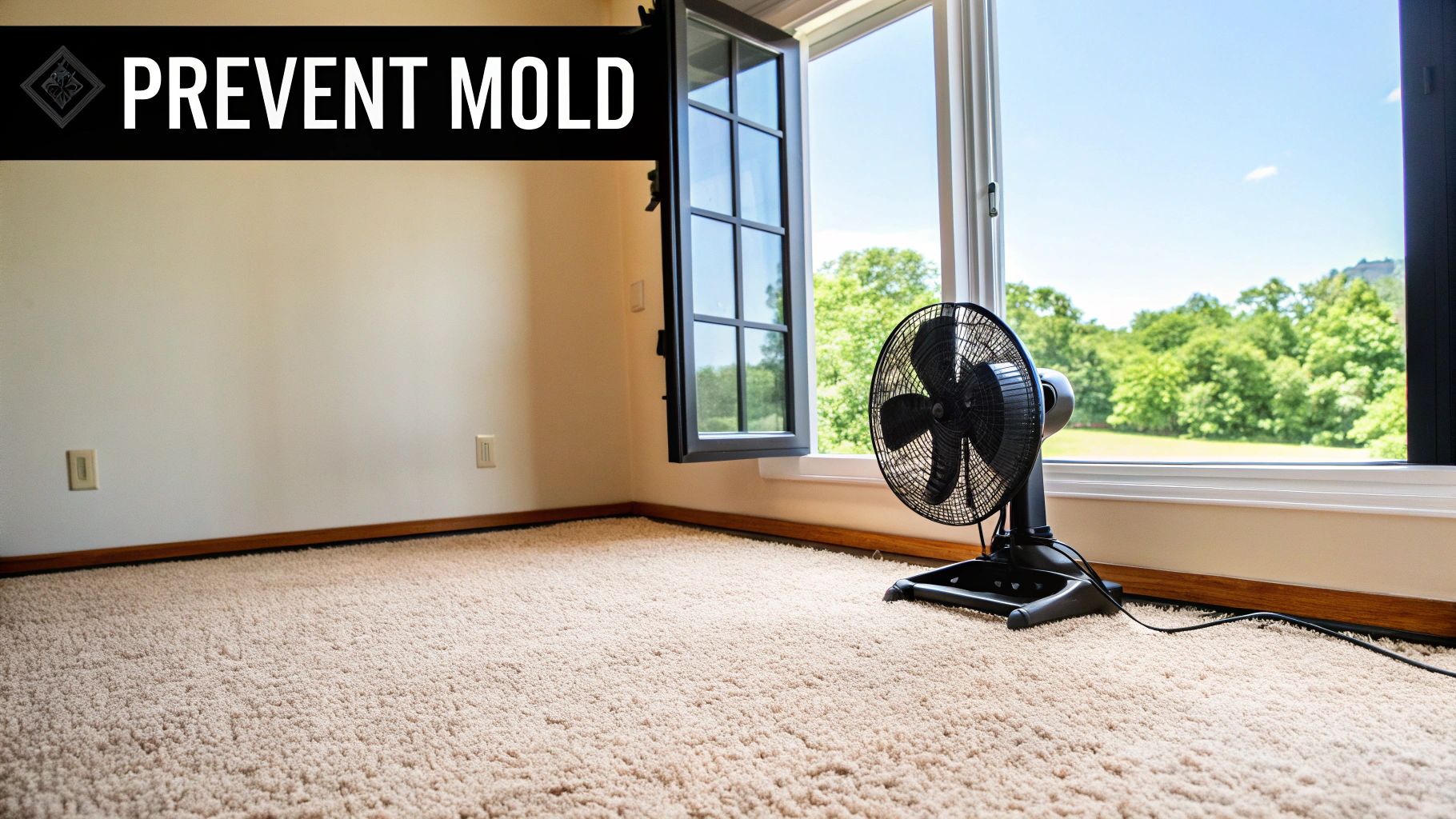 A bright and clean living room with sunlight streaming in, highlighting a pristine carpet.