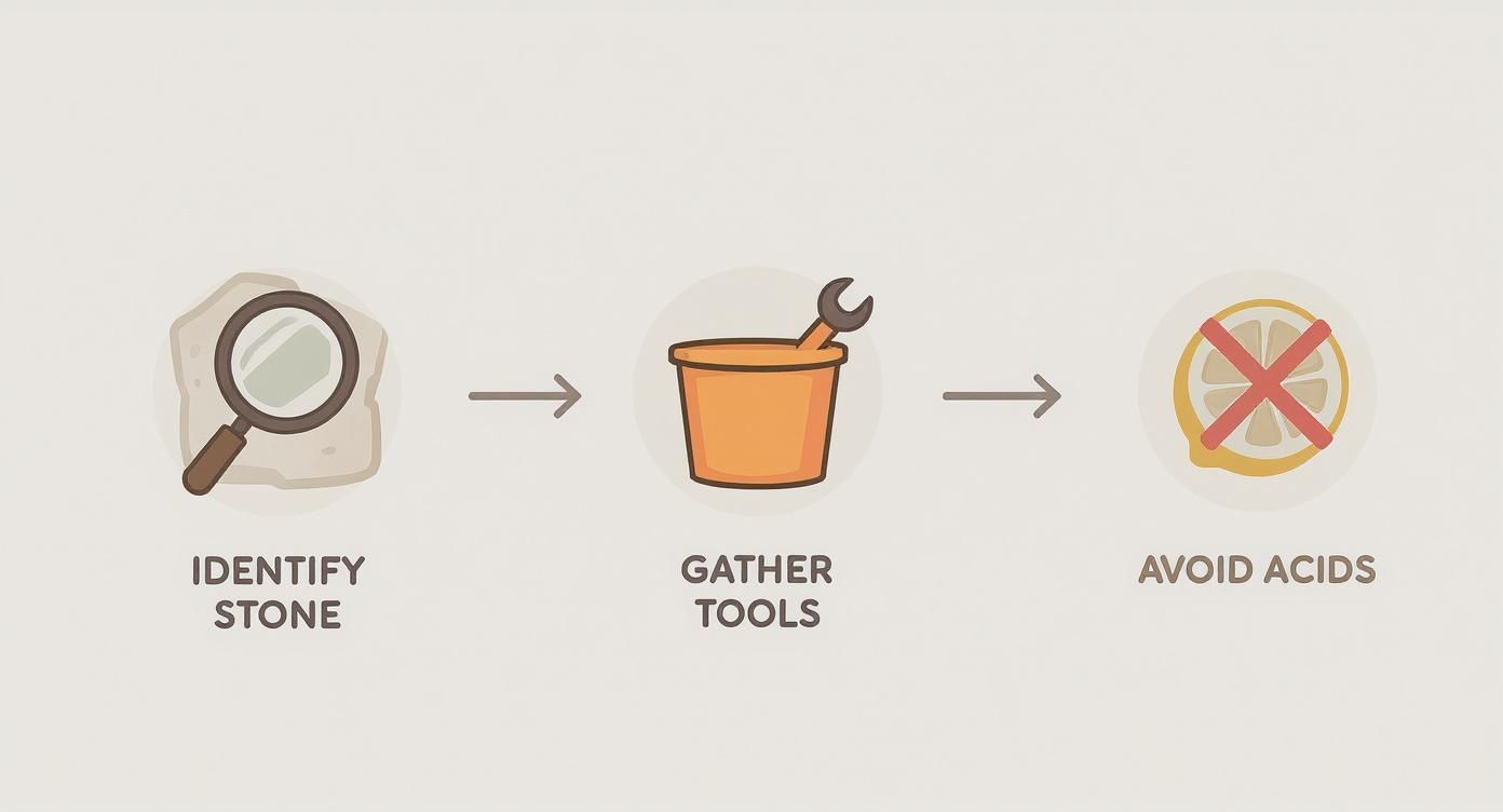 A three-step infographic for stone care: identify stone, gather tools, and avoid acids.