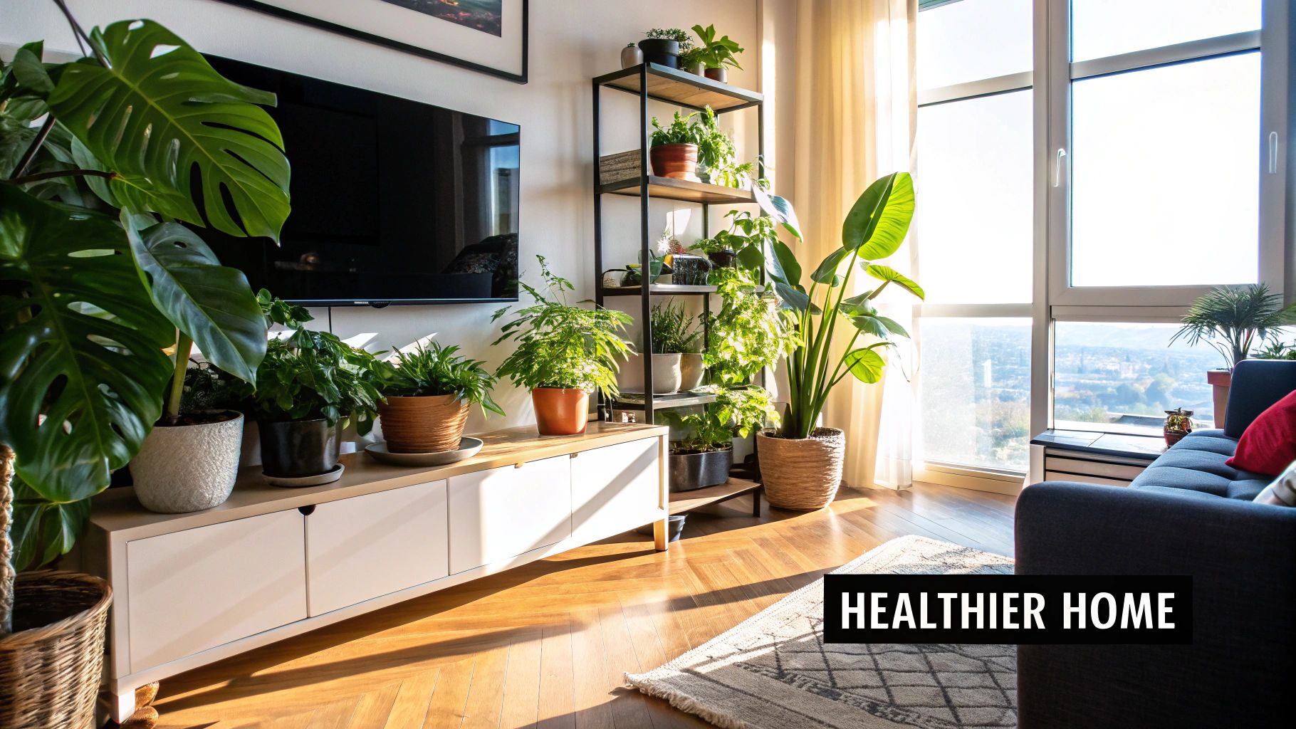A person using a spray bottle with a green leaf symbol to clean a wooden surface.