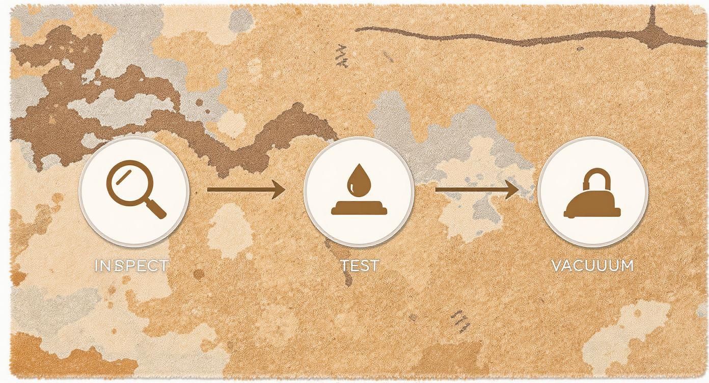 A three-step cleaning process featuring icons and text: inspect (magnifying glass), test (water drop), and vacuum (iron-like object).