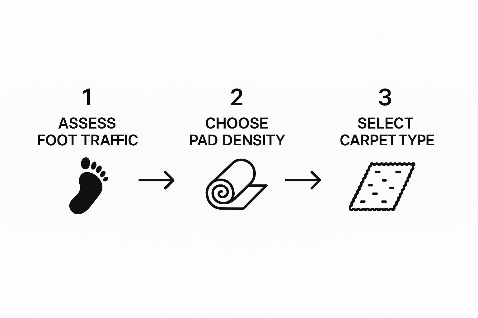 Infographic showing a three-step process: Assess Foot Traffic, Choose Pad Density, Select Carpet Type