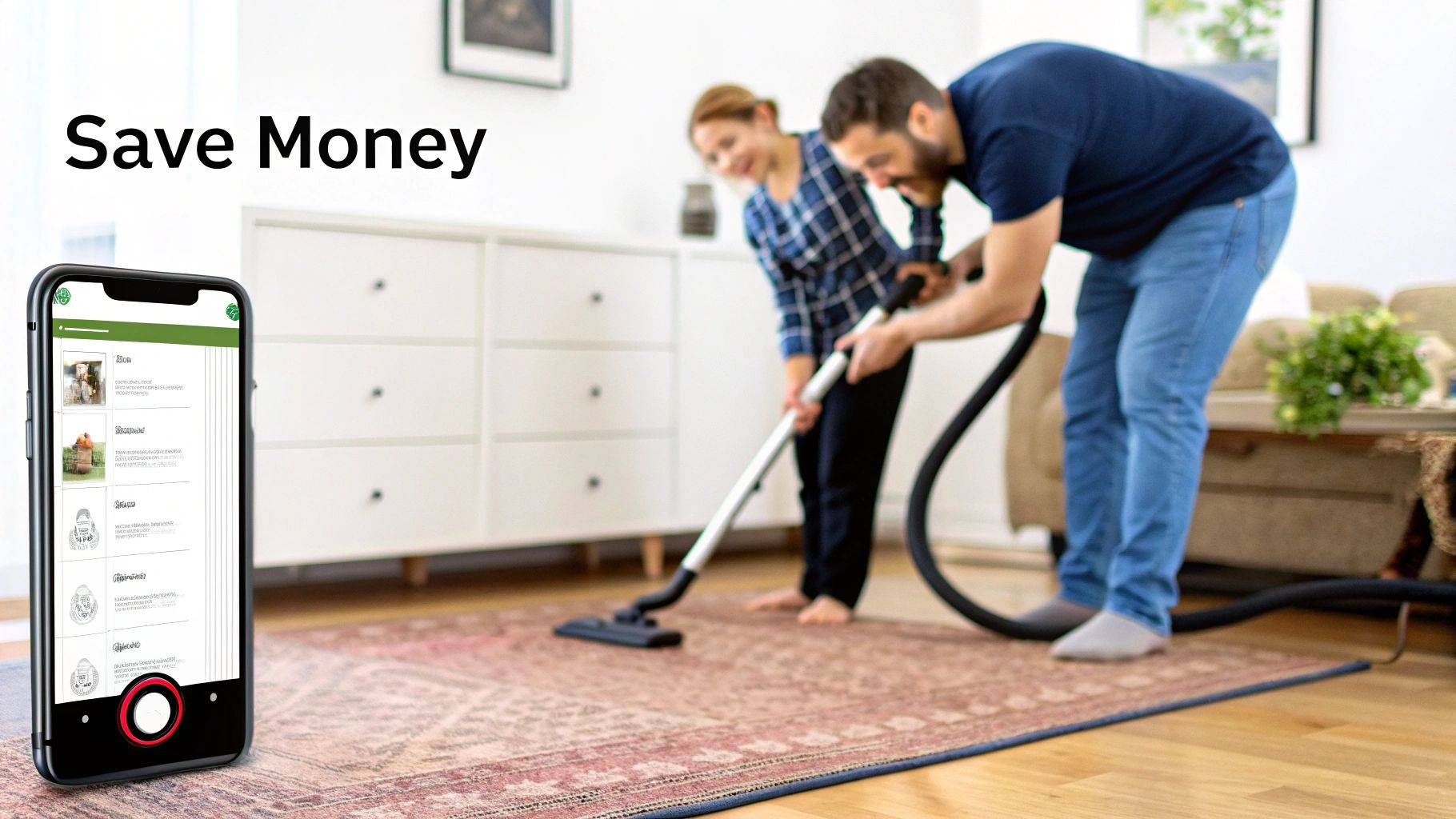 A person vacuuming a stylish area rug in their living room, demonstrating preventative home care.