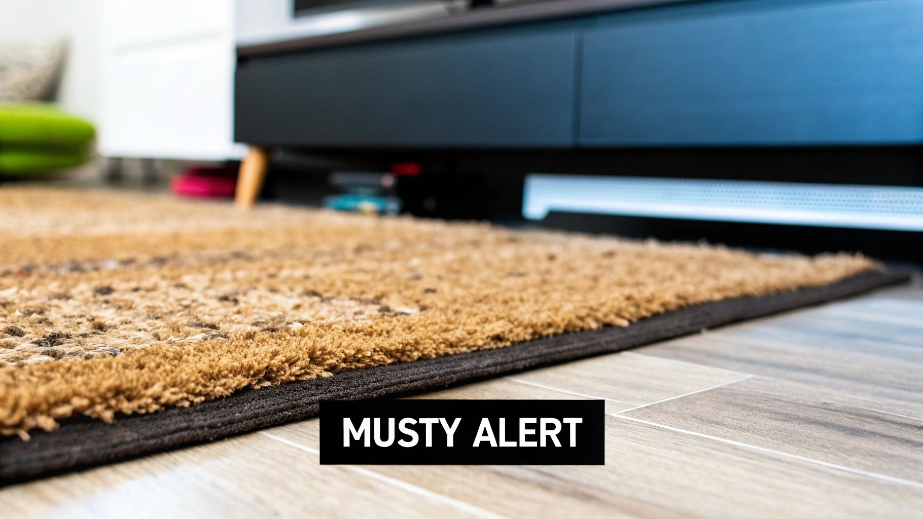 A magnifying glass held over a carpet, showing mold spores in a simplified, illustrative style.