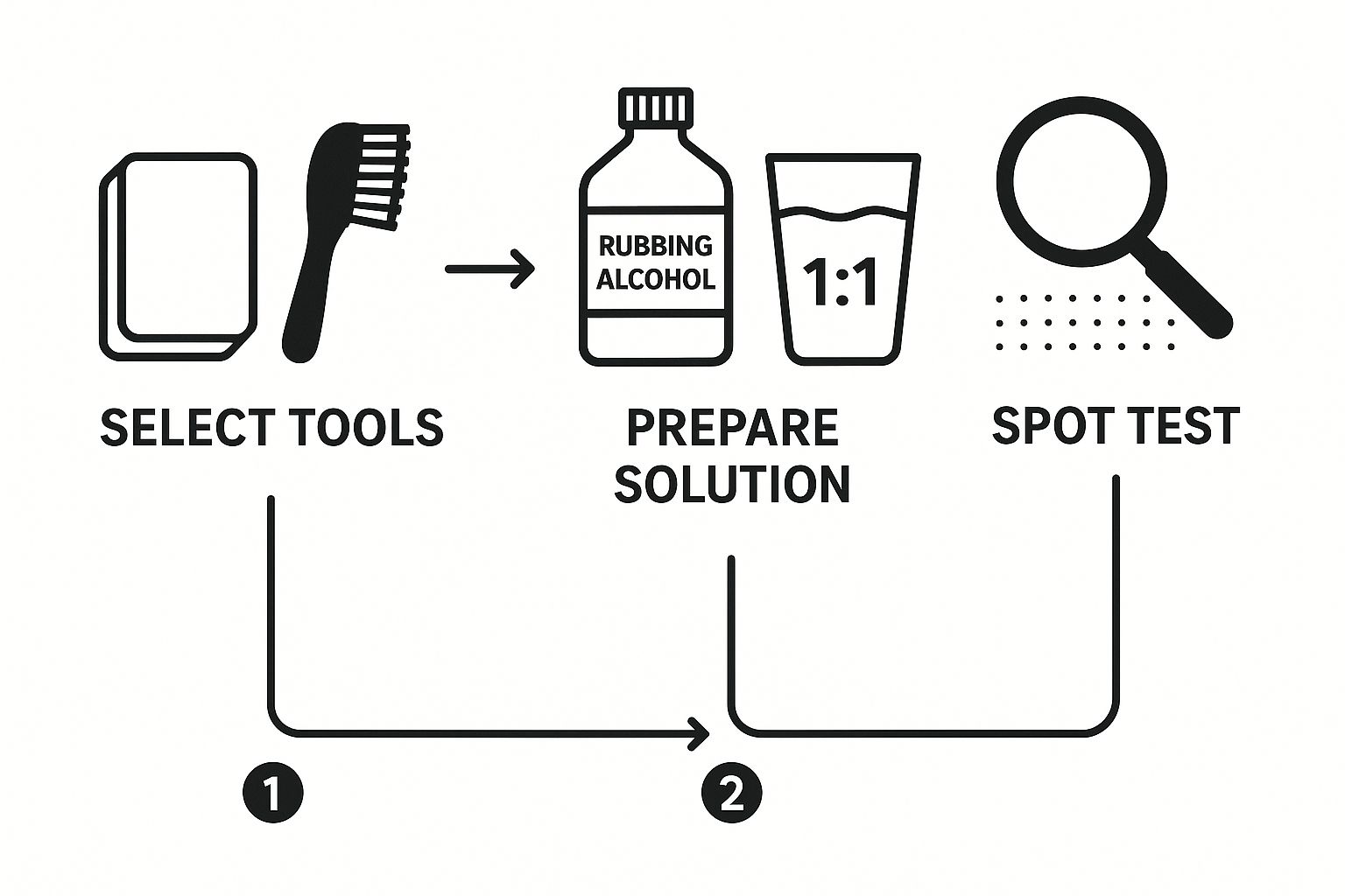 Infographic showing a three-step process for preparing to clean microfiber furniture, including selecting tools, preparing the cleaning solution, and spot testing.
