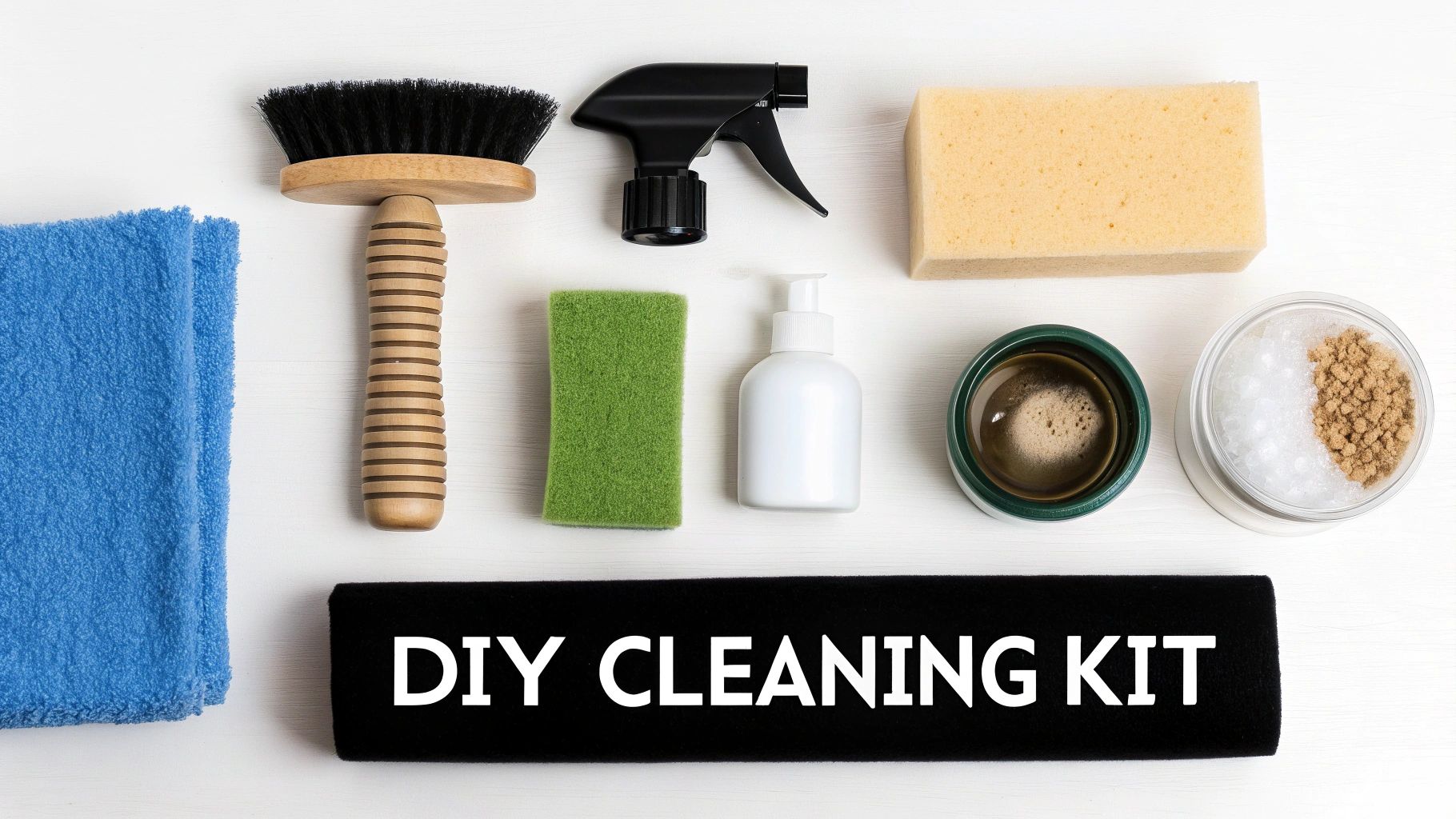 A flat lay of various DIY cleaning supplies and tools, including a brush, spray bottle, sponges, and natural ingredients.