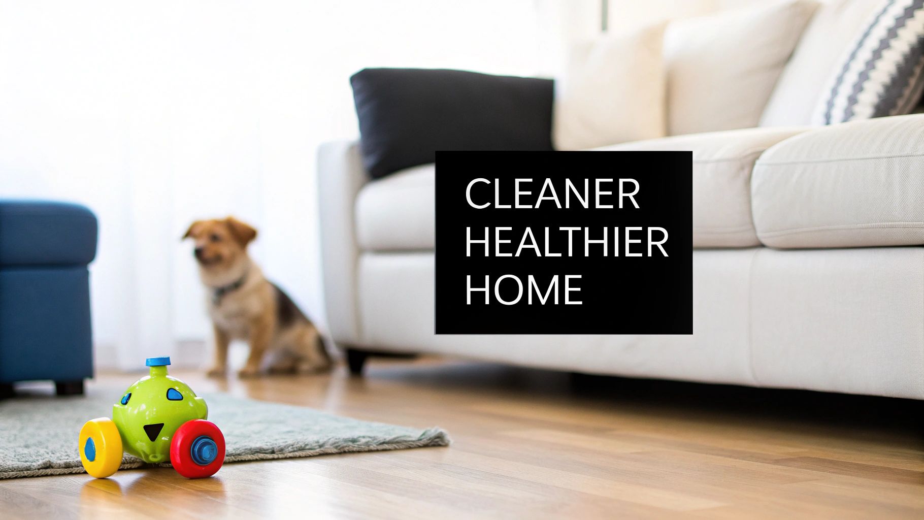 A clean and modern living room with a person using an upholstery cleaner on a sofa