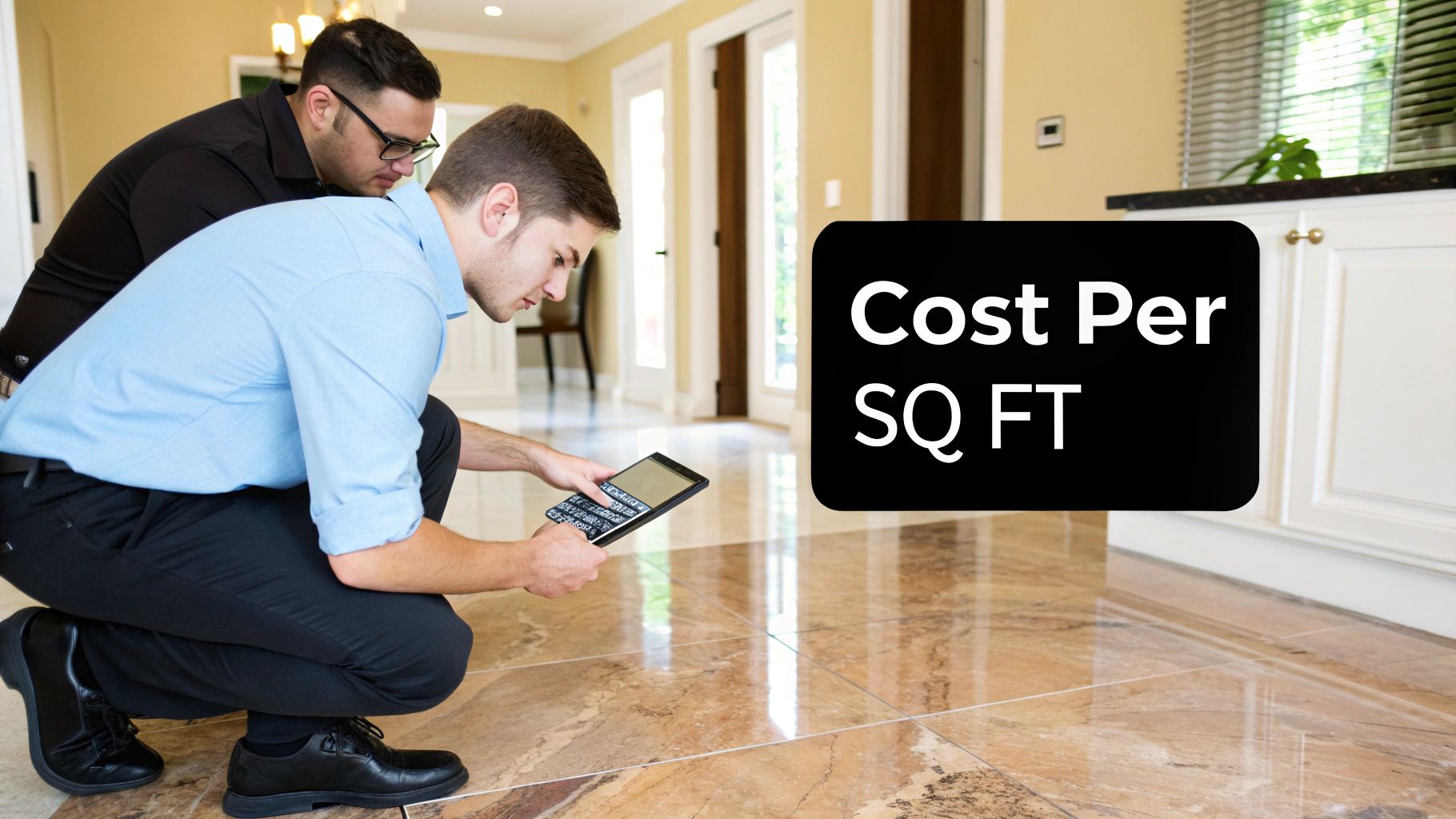 Two professionals examining a newly polished marble floor, one using a tablet to calculate costs.