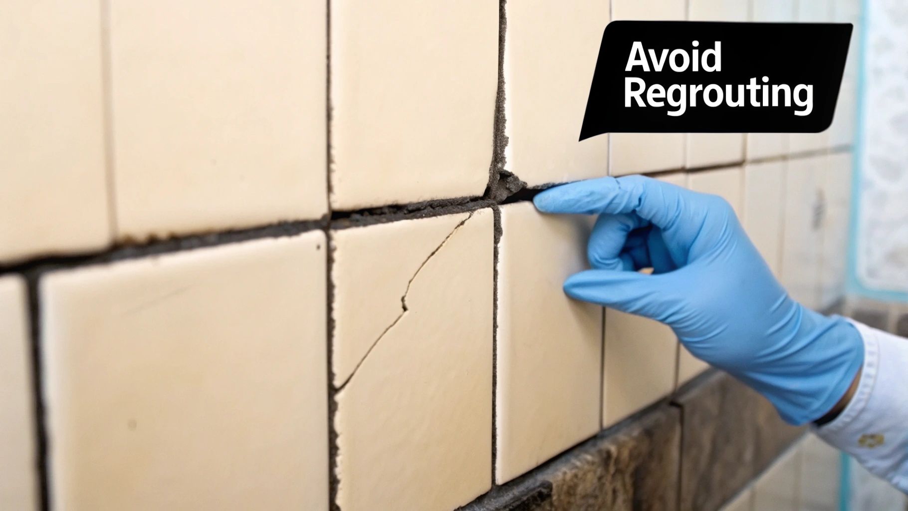 A person carefully applying fresh white grout between grey tiles with a grout float.