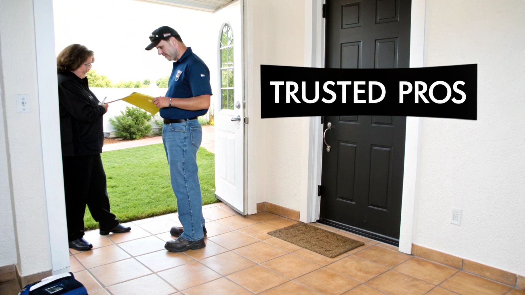 Trusted professionals, a man and a woman, discussing service on a residential tiled porch.