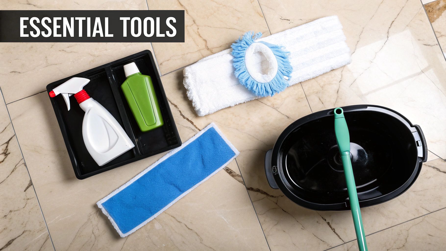 An assortment of marble floor cleaning tools, including a dust mop, microfiber cloths, and a spray bottle with cleaner.
