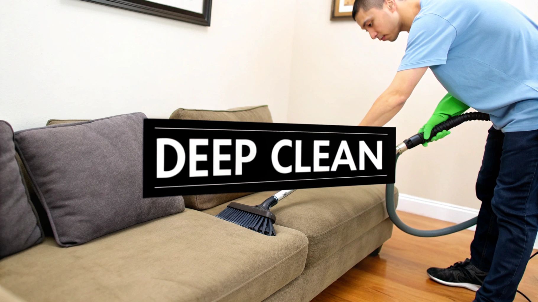 A person vacuuming a light-colored microfiber sofa with a brush attachment.