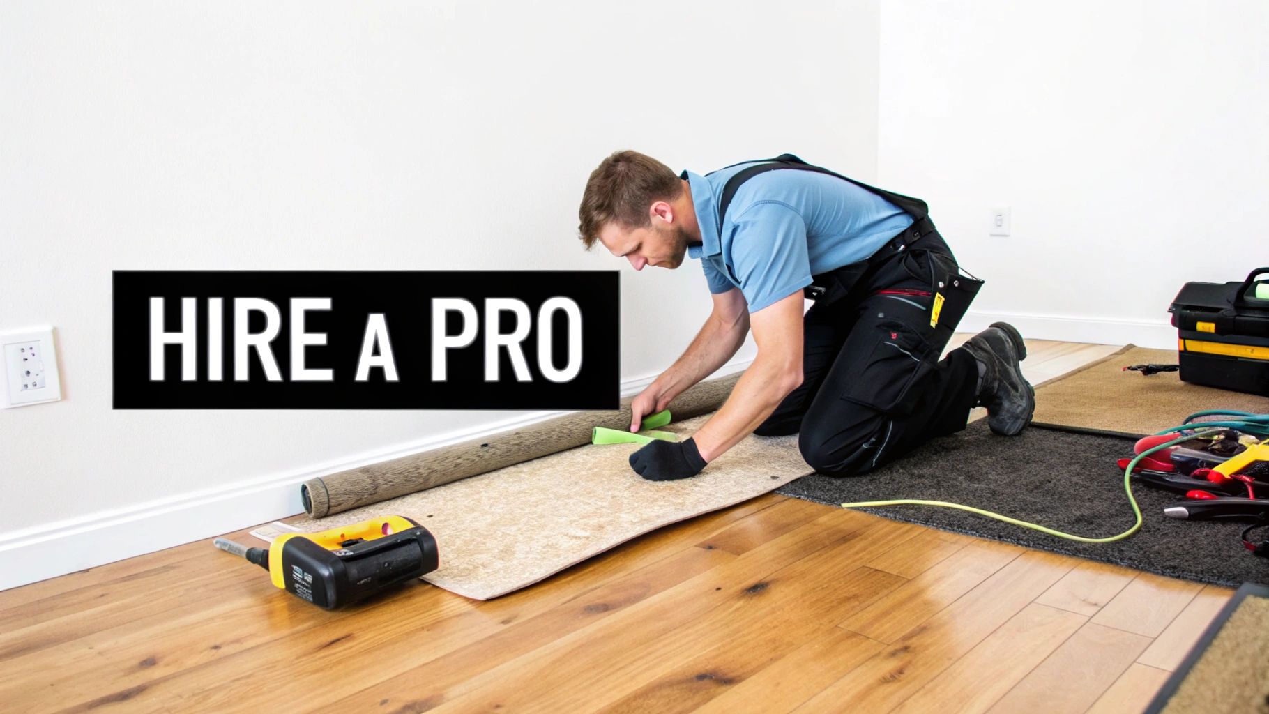 A professional flooring installer using specialized tools to prepare a subfloor after carpet removal.