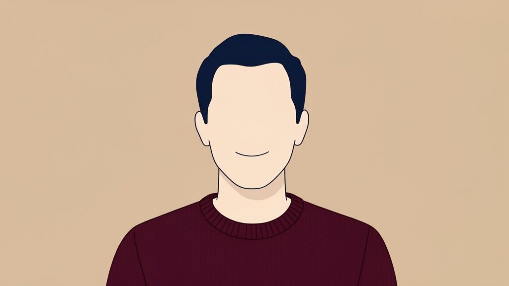 A minimalist illustration of a smiling man with dark hair wearing a maroon crewneck sweater.