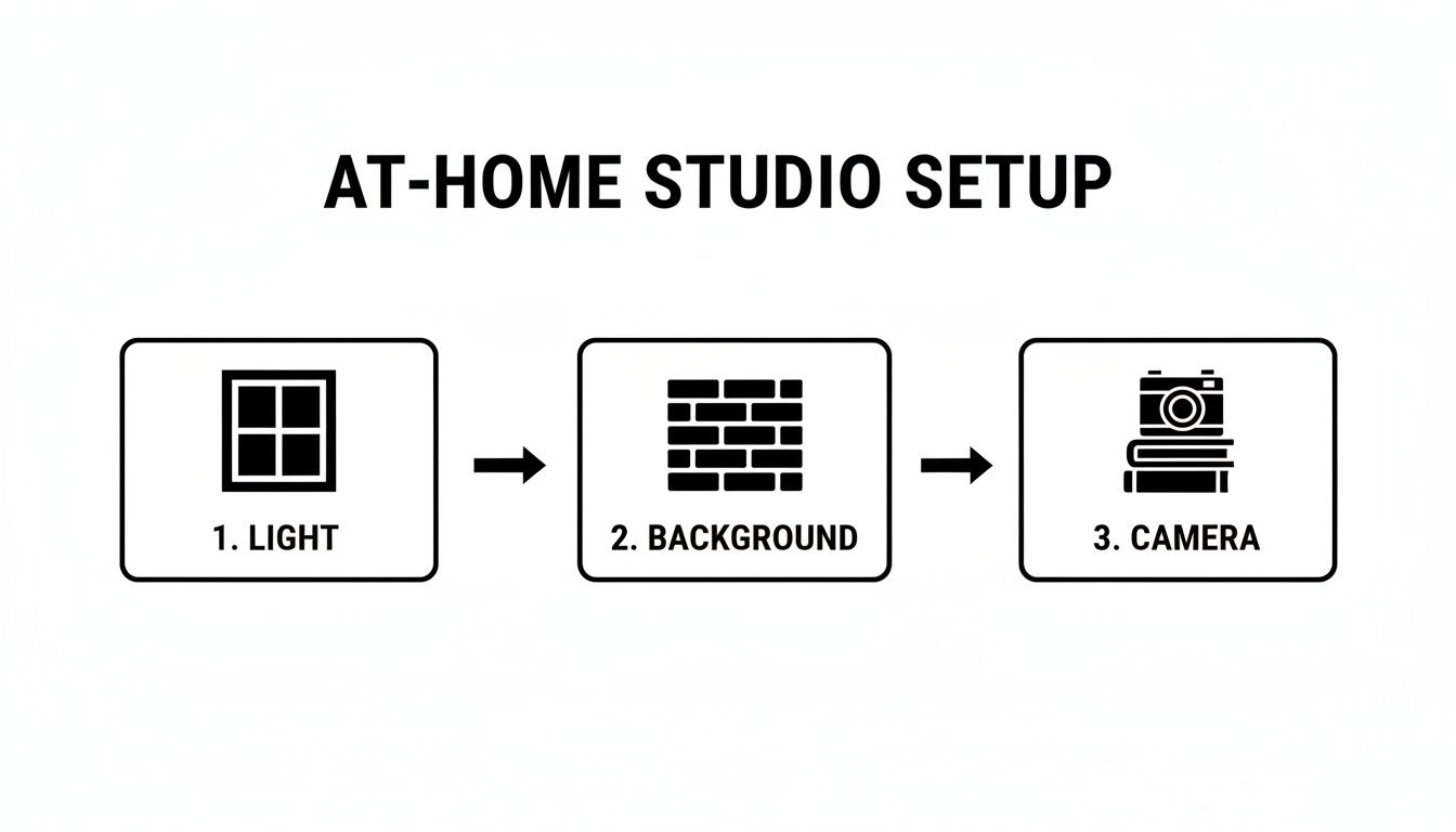 Diagram showing a three-step at-home studio setup: natural light, brick background, and camera.