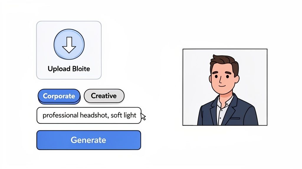 AI headshot generator interface with 'Corporate' style, input 'professional headshot, soft light', and a cartoon preview.