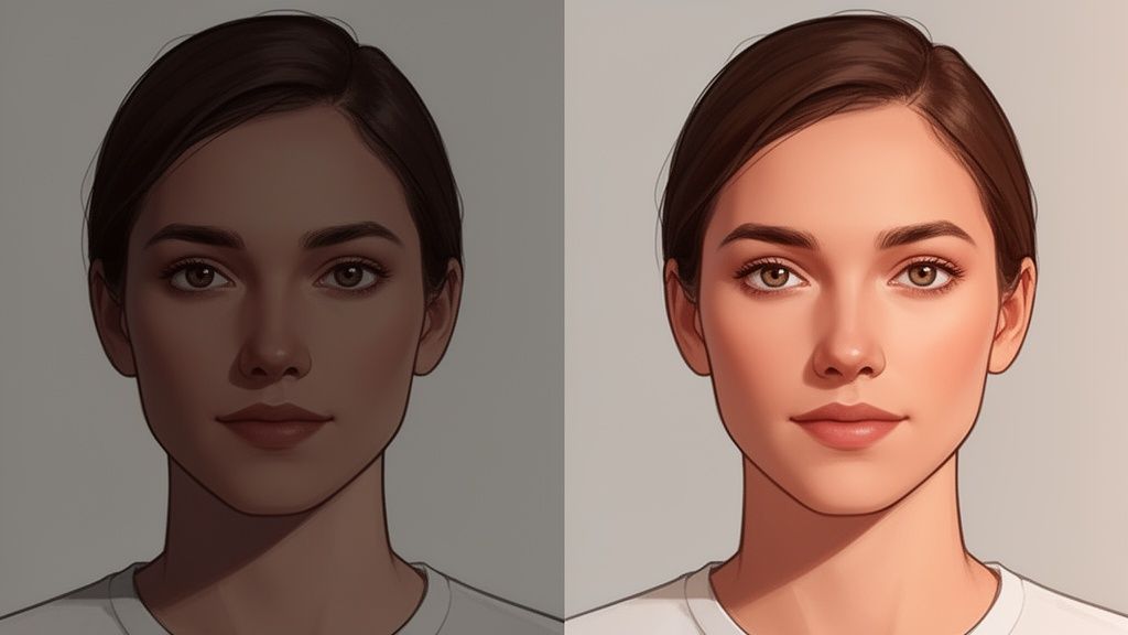 Two identical illustrations of a woman's face, showcasing poor lighting vs. optimal lighting conditions.