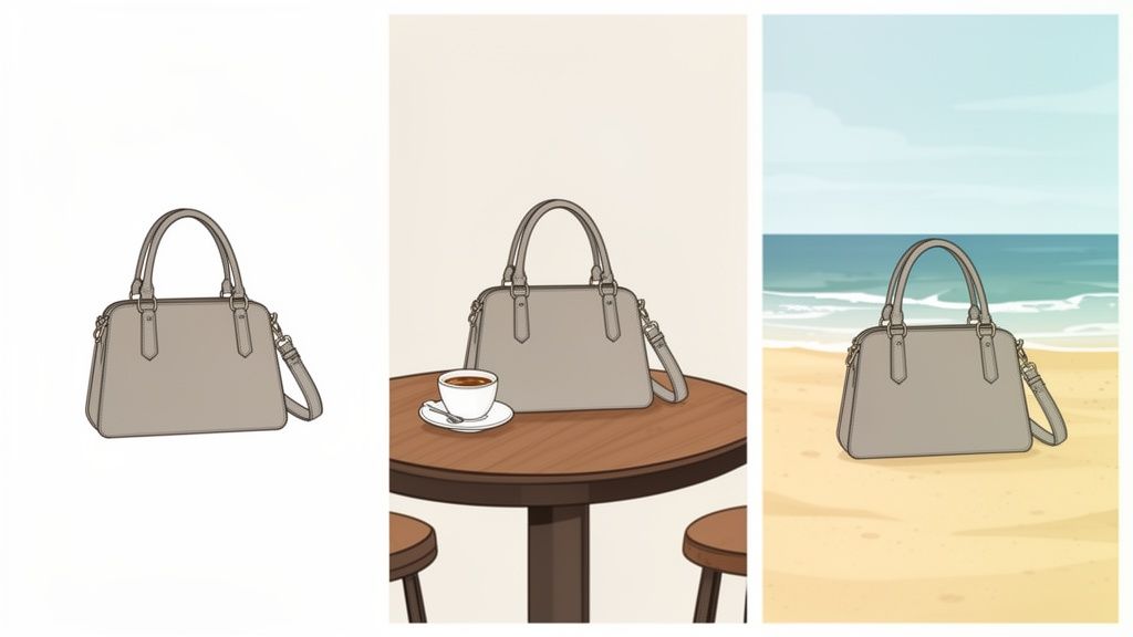 Three panels displaying a light grey handbag: solo, on a cafe table with coffee, and on a beach.