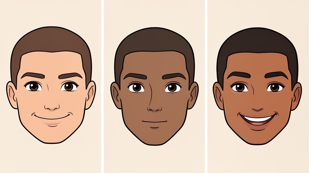 Cartoon illustration of three male faces with diverse skin tones, short hair, and different expressions.