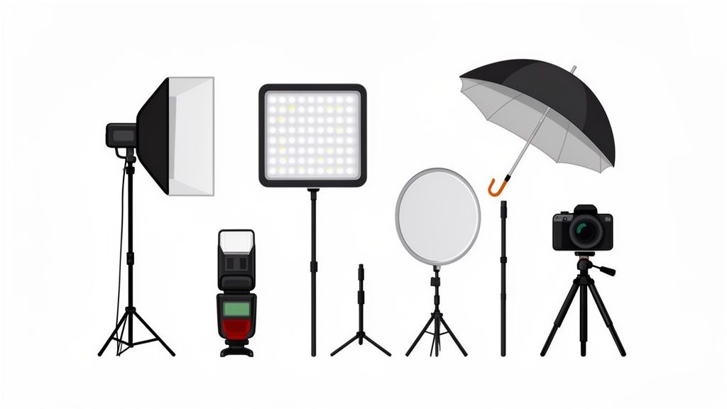 A professional photography studio lighting setup including softbox, LED panel, reflector, and camera on tripods.