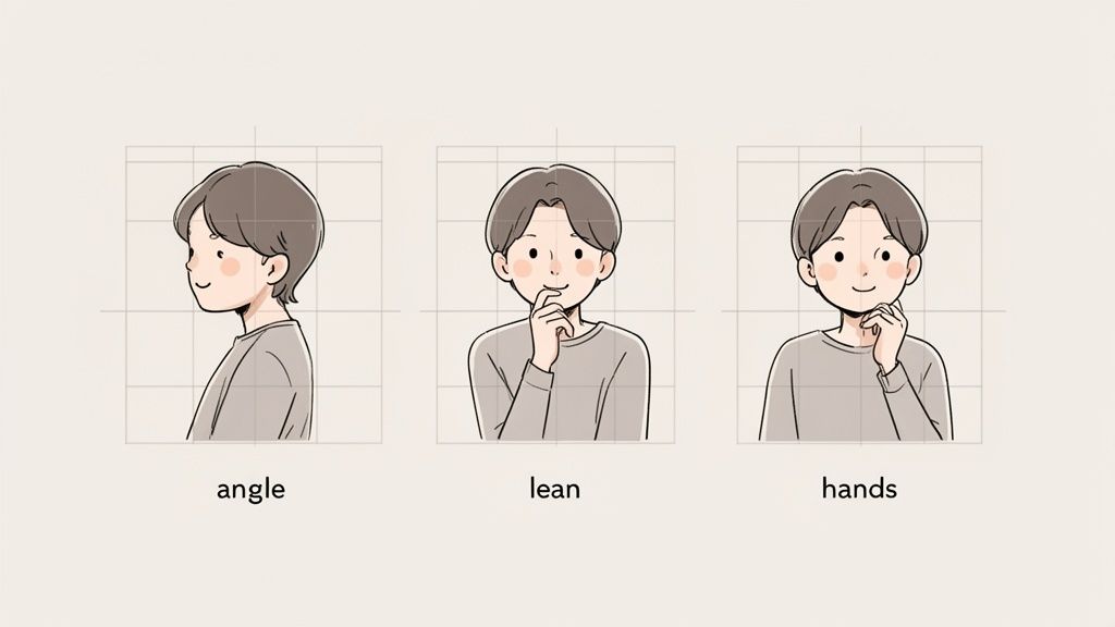 Three cartoon illustrations showing different poses for headshots: profile, front-facing with chin-hand, and subtle hand placement.