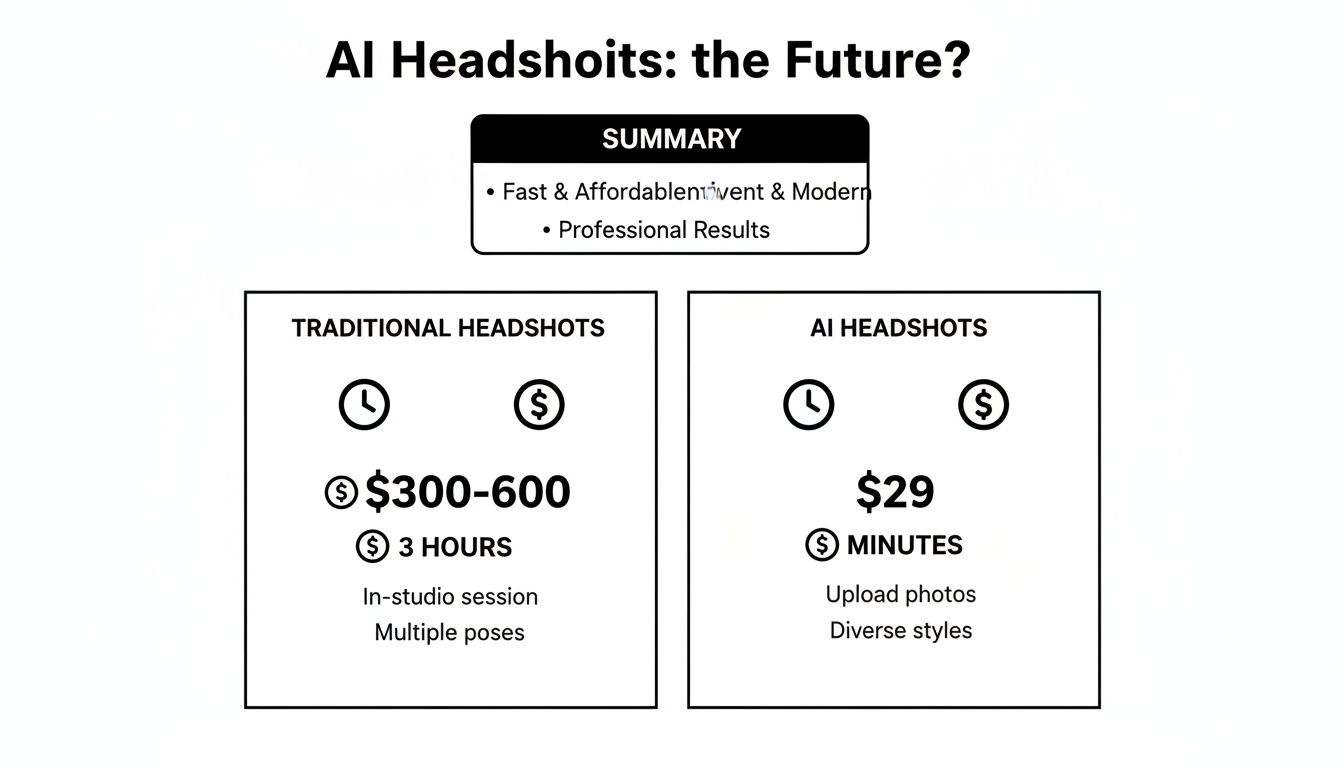 An infographic comparing the time and cost of traditional headshots versus AI-generated headshots, emphasizing AI's benefits.