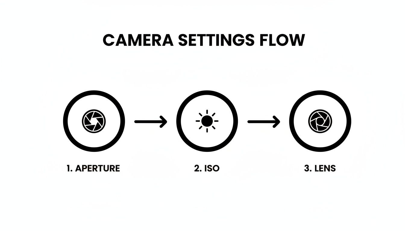A diagram illustrating the camera settings flow, showing Aperture, ISO, and Lens with corresponding icons.