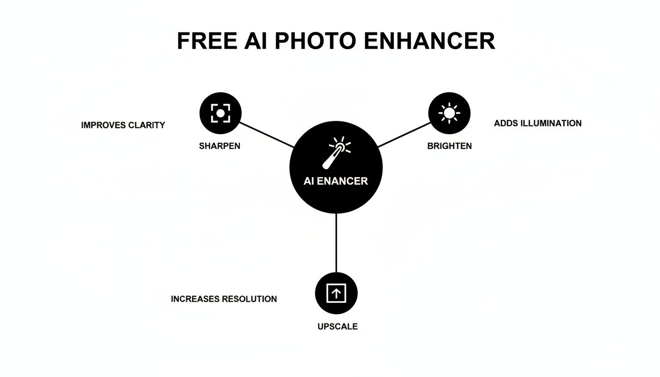 A diagram illustrating the features of a free AI photo enhancer: sharpen, brighten, and upscale.