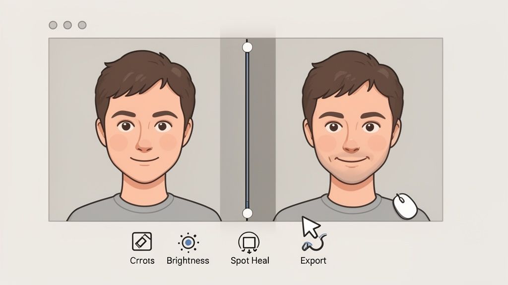 A split screen compares two male cartoon avatars, showing an image editing interface with tools below.