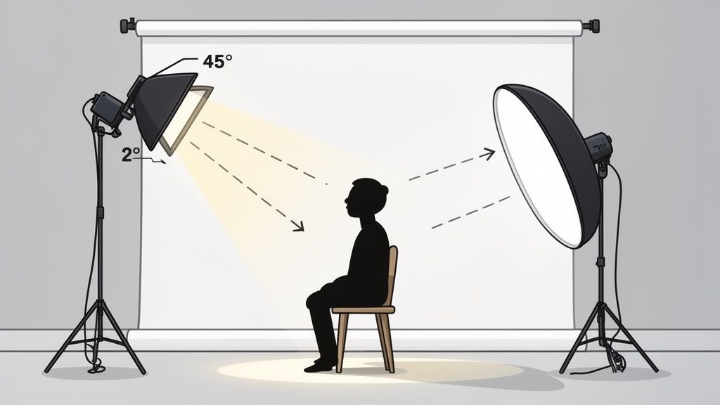 Photo studio light setup for headshots with key light at 45 degrees and fill light.