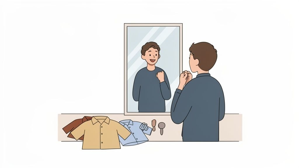 A man in a blue shirt looks at his smiling reflection in a mirror, clenching his fists in confidence.