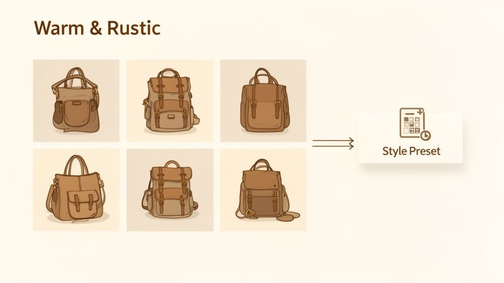Various warm and rustic brown leather bags leading to a 'Style Preset' selection, demonstrating a design theme.