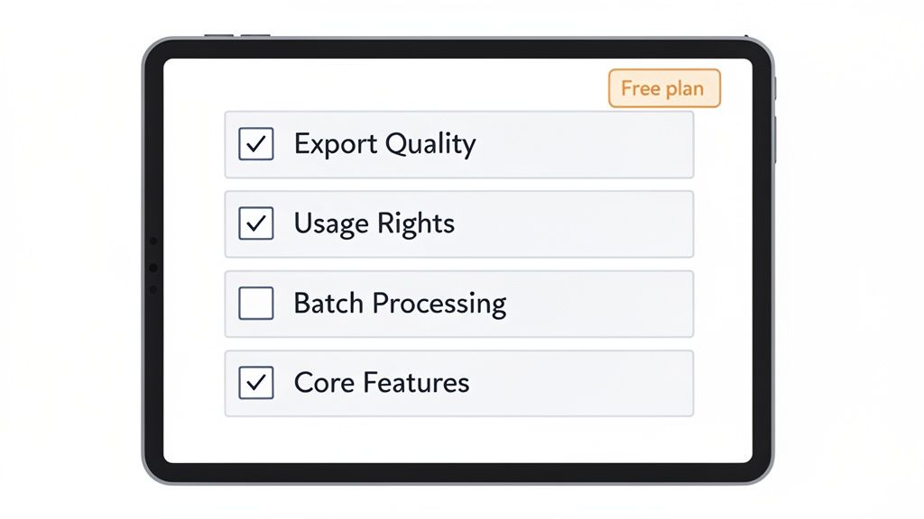 A tablet screen displays a 'Free plan' feature list, showing Export Quality, Usage Rights, and Core Features checked, with Batch Processing unchecked.