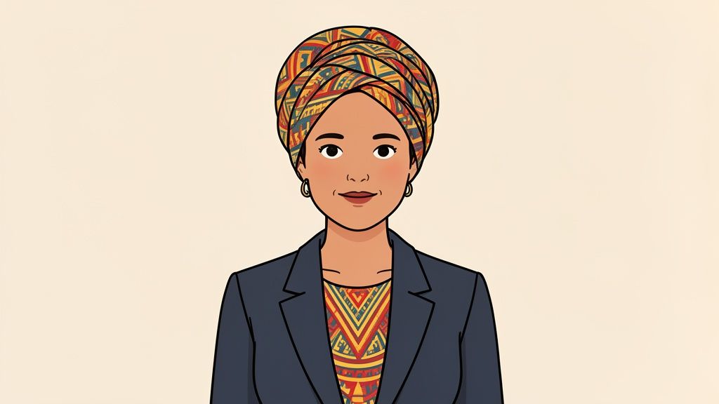 An illustrated portrait of a smiling woman in a vibrant headwrap and a dark blazer.