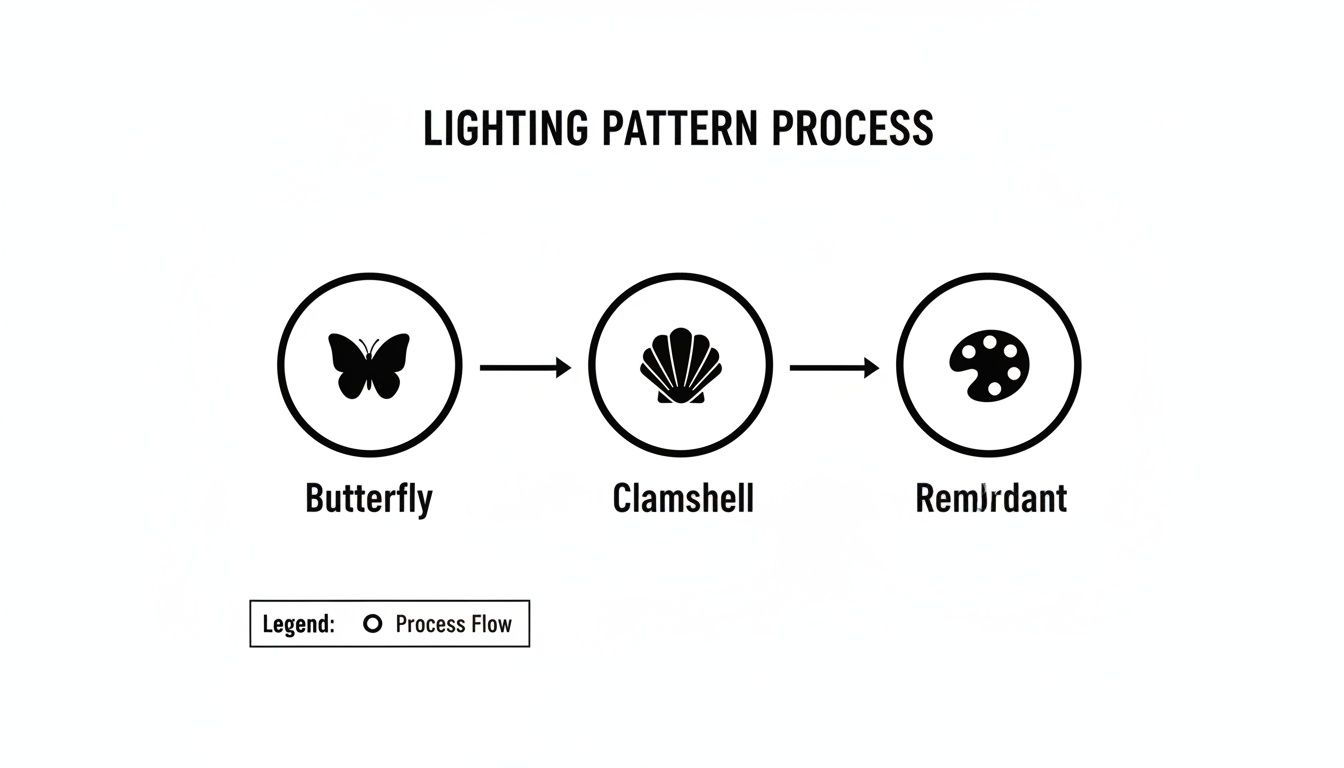 A diagram illustrating a lighting pattern process including Butterfly, Clamshell, and Rembrandt techniques.