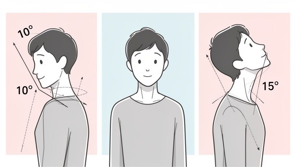 Illustration showing three neck postures: neutral, tilted 10 degrees forward, and tilted 15 degrees backward.