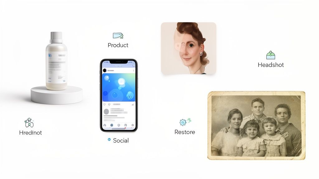 Examples of AI photo enhancement features including product shots, social media, headshots, and vintage photo restoration.