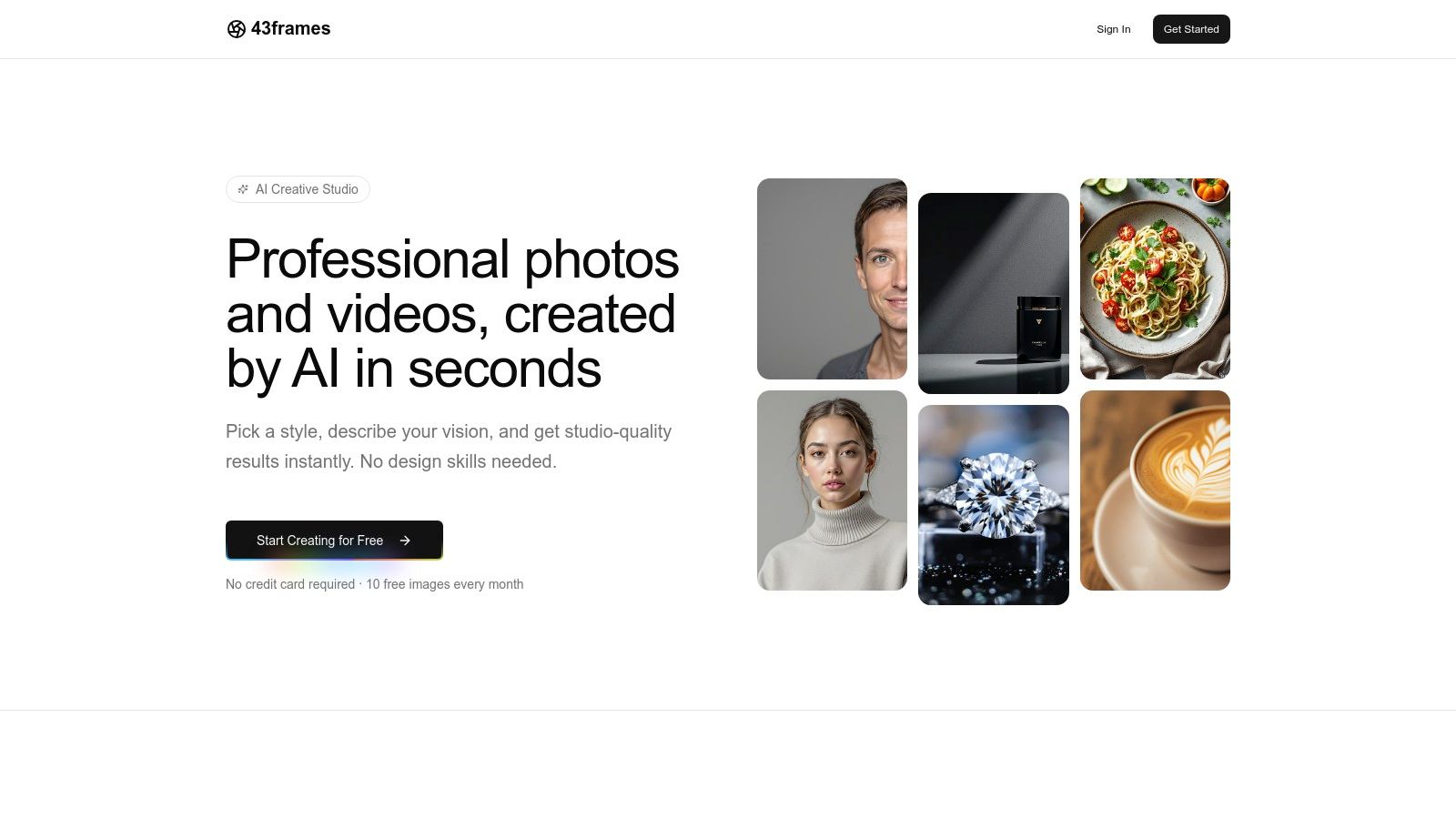 A grid of AI-generated images from 43frames, showcasing diverse styles like product photography, headshots, and interior design.