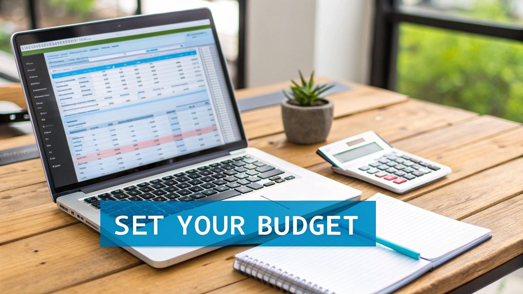 A laptop displaying a financial spreadsheet, calculator, and notebook on a wooden desk, with a 'SET YOUR BUDGET' overlay.