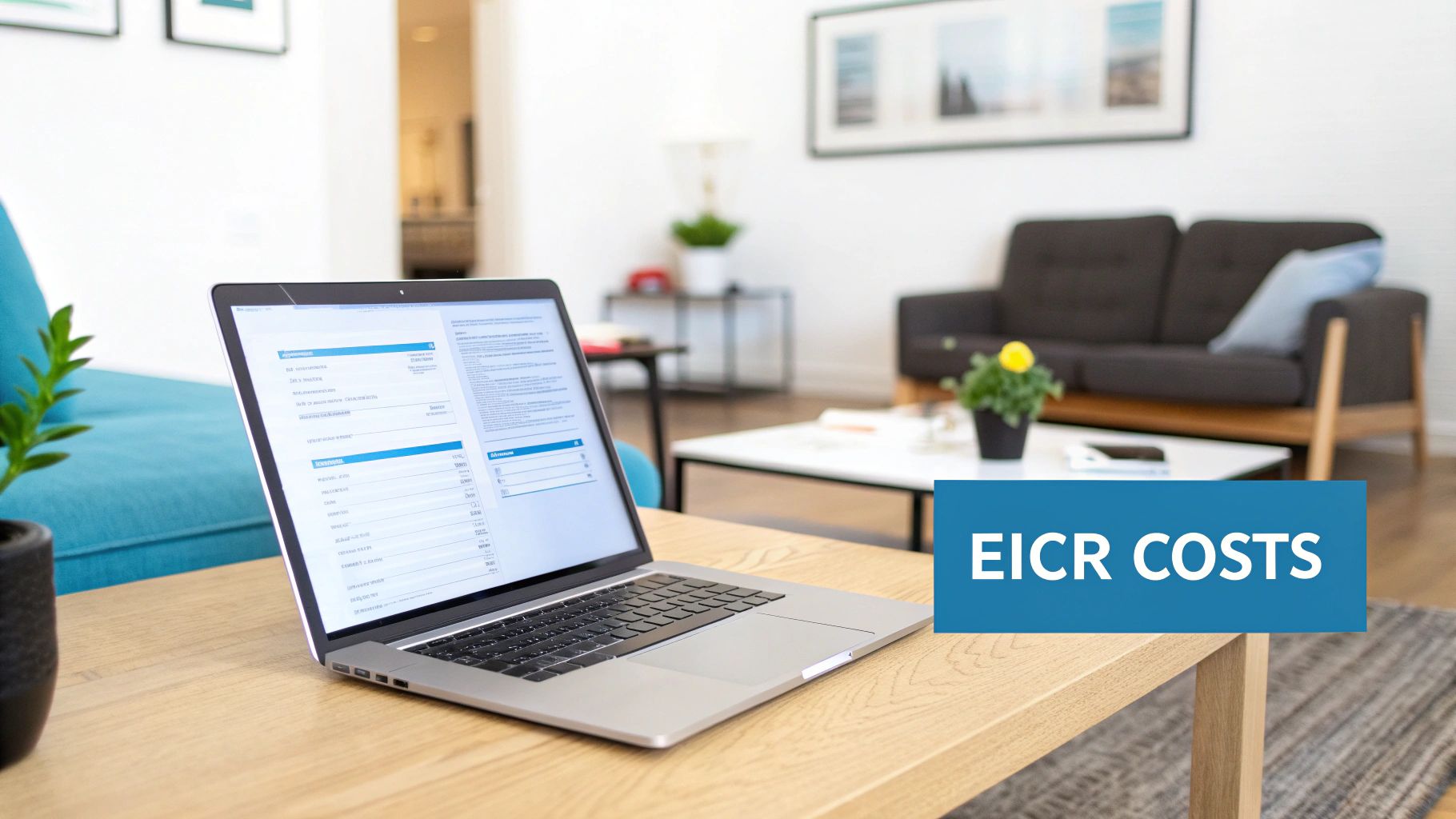 A laptop on a wooden table displays an EICR costs report in a bright, modern living room.